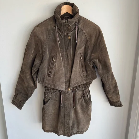 Vintage 80s Brown Suede Utility Coat Womens S Leather Longline Safari Distressed - Picture 6 of 16